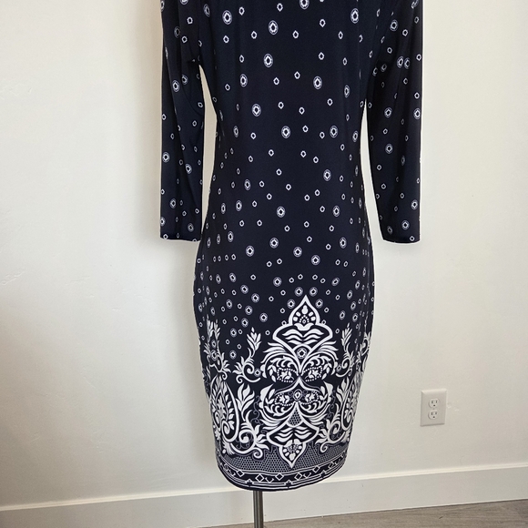 Navy Blue Batik Print Midi Dress Paisley Classic Modest Church School Teacher 6 - Picture 7 of 13